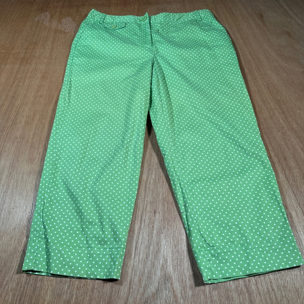 Talbots Crop Pants Women 12P Green Polka Dot Stretch Cotton Petite Capris